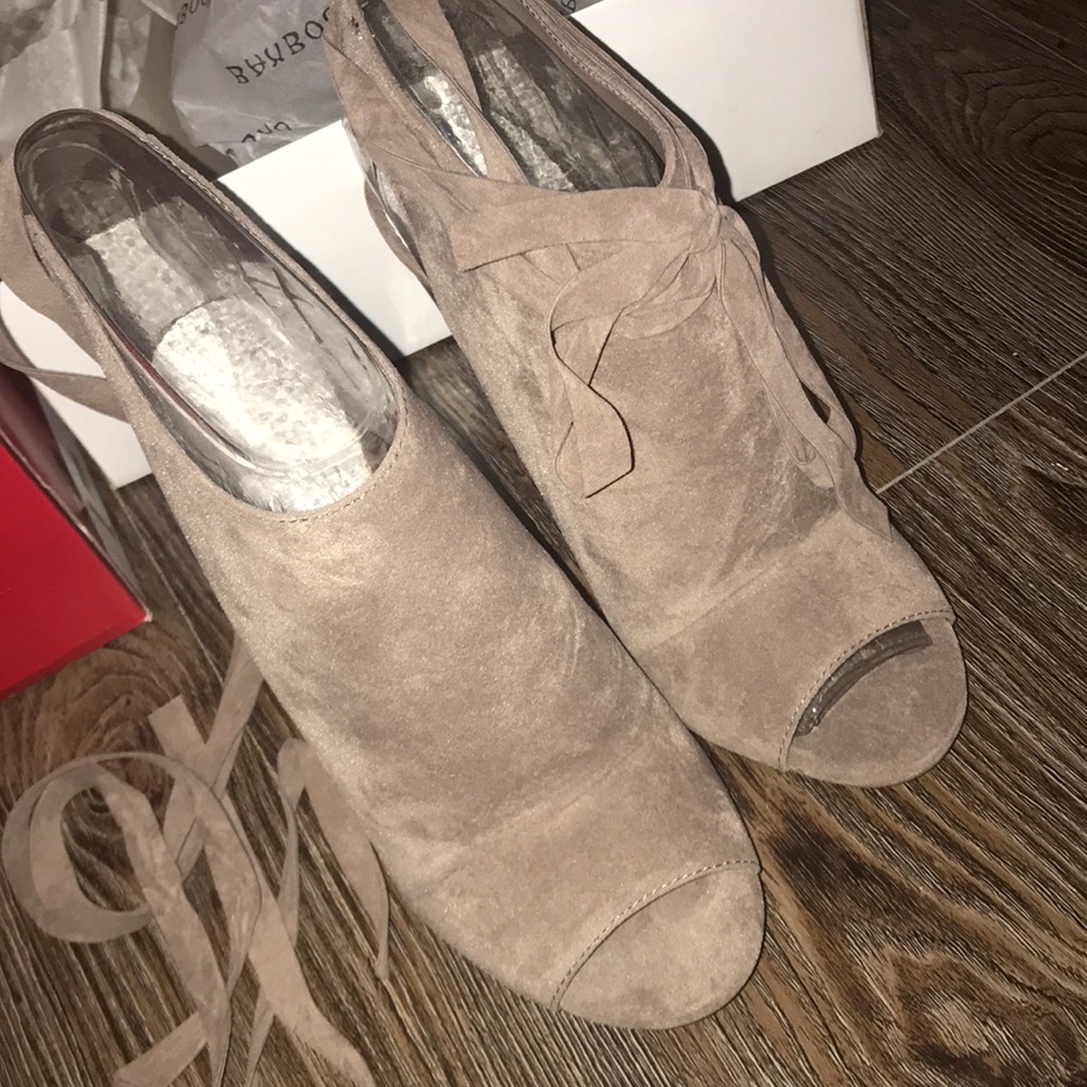 Suede lace up peep toe booties